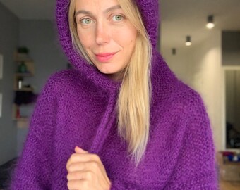 Mohair Hoodie, Purple hood sweater, Wool sweater, Mohair pullover, Handknit sweater, Knitted sweater, Sweater with hoodie, 100% hand made