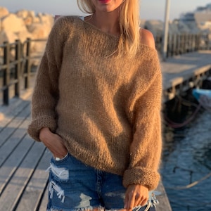 Mohair Sweater, Oversized Sweater, Fuzzy chunky sweater, Wool Sweater, Winter Pullover, Loose sweater, Off shoulder knit, 100% Hand Made