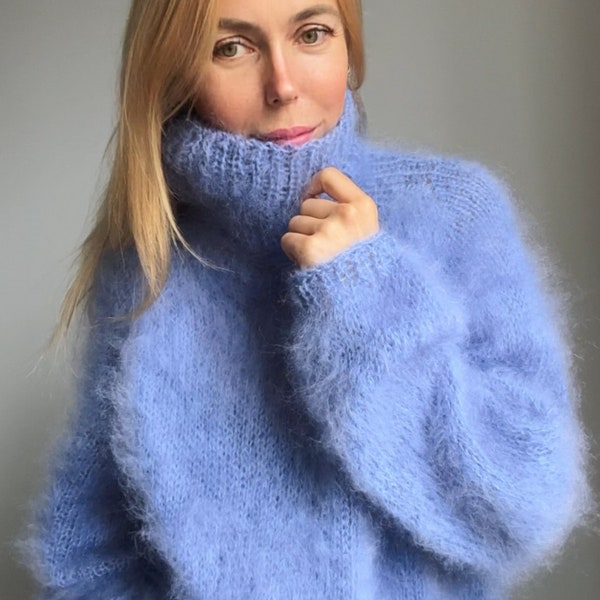 Mohair Blue Sweater, Fuzzy Sweater, Oversized Turtleneck Sweater, Chunky sweater, Wool Winter Pullover, Loose sweater, 100% Hand Made