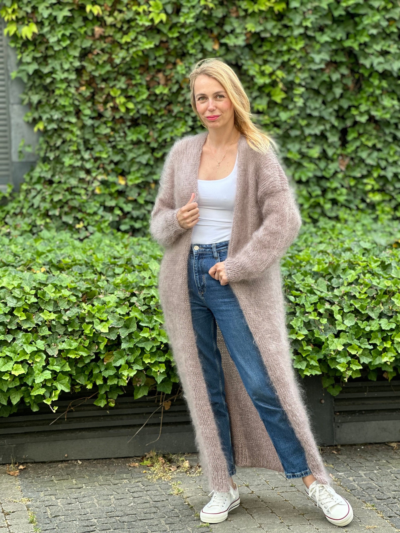 Woolen Cardigan Solid Color Long Overcoat main image 1