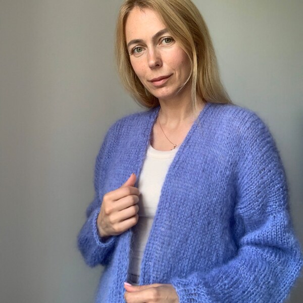 Mohair Blue Cardigan, Cardigan femme, Cardigan surdimensionné, Pull Chunky, Manteau en laine, Veste Mohair, Cardigan Long Loose, 100% Hand Made