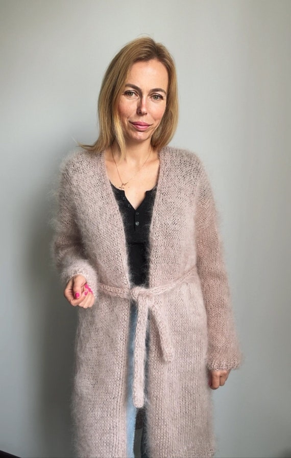 Mohair Long Cardigan With Belt, Beige Mohair, Oversized