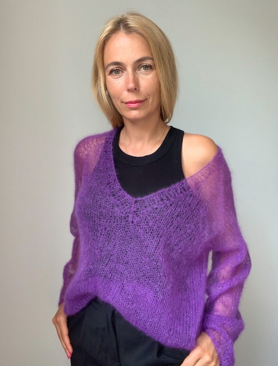 Mohair Sheer Mesh Sweater, Summer V-neck Sweater, Kidmohair 