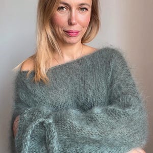 Mohair Sweater with ties, Open shoulders sweater, Chunky Mohair sweater, Crochet Wool pullover, mohair pullover, Handknit sweater, hand made