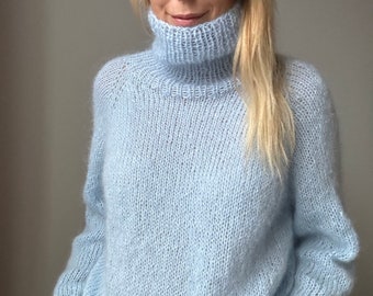 Mohair Sweater, Oversized Turtleneck Sweater, Wool Sweater, Winter Pullover, Loose sweater, 100% Hand Made