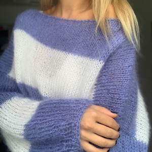 Striped Fluffy Mohair Sweater, Oversized Sweater, Fuzzy chunky sweater, Wool Sweater, Loose sweater, Off shoulder knit, Handknitted