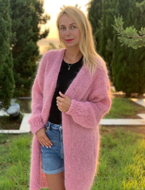 2024超人気 PINK Mohair Long Cardigan, Oversized Cardigan, Opent Front トップス