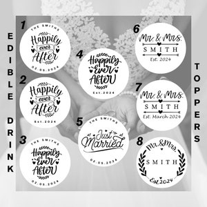 Edible wedding drink toppers, 16 different designs and 7 different colors