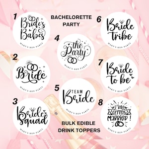 Bulk Edible drink toppers for bachelorette party, 20 different designs and 7 different colors