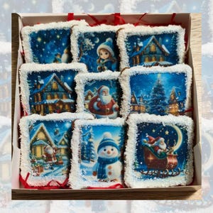 May include: A box of nine decorated gingerbread cookies with winter holiday themes. The cookies are decorated with white frosting and feature images of Santa Claus, a snowman, a girl in a blue dress, and a winter village.