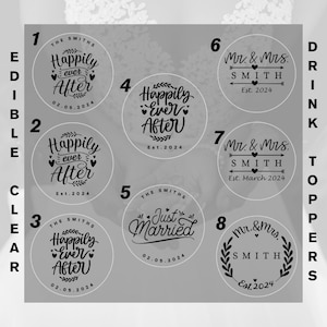 Edible clear wedding drink toppers, 16 different designs and 4 different sizes