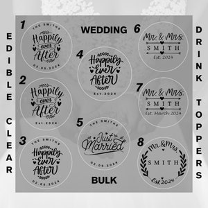 Bulk Edible clear wedding drink toppers, 16 different designs and 4 different sizes