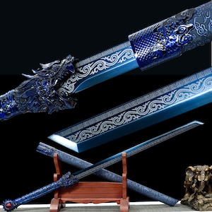 Espada samurái hecha a mano, espada samurái real, espada samurái japonesa,  hoja azul y vaina de cuero, katana tang completa, artesanía -  España