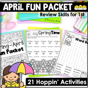 Puede incluir: Un paquete educativo colorido titulado "April Fun Packet" con el texto "Review Skills for 1st". El paquete incluye hojas de trabajo con actividades temáticas de primavera, incluyendo búsquedas de palabras y problemas de matemáticas. La imagen también presenta una niña de dibujos animados con un paraguas.