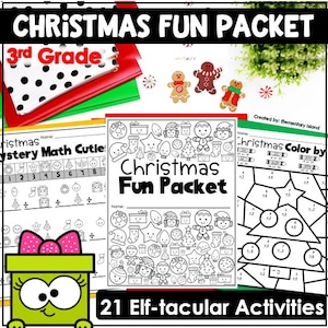 May include: A Christmas Fun Packet for 3rd grade students. The packet includes 21 activities, including a Christmas mystery math cutie, a Christmas color by number, and a Christmas find the picture activity. The packet is designed to be fun and engaging for students.