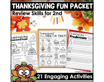 Thanksgiving Themed Math and Literacy Second Grade No Prep Printables, Fun Activity Packet for Early Finishers