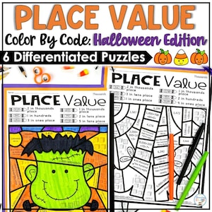 Peut inclure: Deux fiches pédagogiques de mathématiques intitulées Place Value Color By Code Halloween Edition. L'une présente un dessin de monstre de Frankenstein colorié avec des équations, l'autre est un contour noir et blanc avec des puzzles numériques.