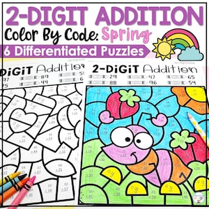 May include: Two-digit addition color-by-code worksheets with a spring theme. The worksheets feature six differentiated puzzles with images of a strawberry, a bug, and other spring-themed images. Includes crayons and pencils.