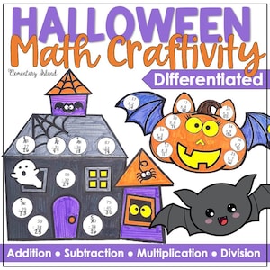Peut inclure: Une fiche d'activité mathématique d'Halloween avec une maison hantée violette et noire avec des soustractions, une citrouille orange avec des multiplications sur ses ailes et une petite chauve-souris grise. Texte : HALLOWEEN Math Craftivity.