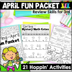 May include: A colorful educational packet titled "April Fun Packet" with the text "Review Skills for 3rd". The packet includes worksheets with spring-themed activities, math problems, and cut-and-paste exercises. A cartoon girl holds flowers. The packet is labeled "21 Hoppin' Activities".