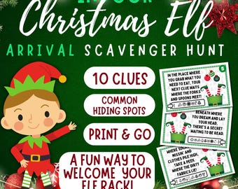 May include: A printable Christmas Elf arrival scavenger hunt game with 10 clues. The game features a cartoon elf and a green background with red and white Christmas lights. The text on the cards reads: "In the place where you grab what you need to eat, your next clue waits where the forks and spoons meet!" and "Beneath where you dream and lay your head, there's a secret waiting to be read."