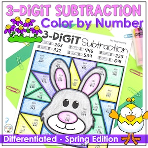 May include: A color-by-number worksheet for 3-digit subtraction, featuring a spring theme. The worksheet includes a bunny and chick graphic, with color keys and math problems. Crayons and paper clips are also visible.