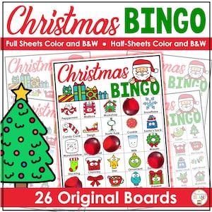 Christmas Bingo Printable Game with 26 original bingo cards, Christmas Classroom Activity, Kids or Adults Christmas Party Game image 1