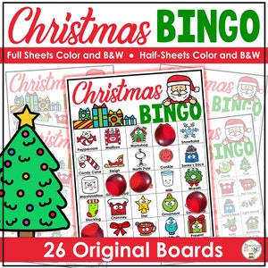 Jogo de Bingo de Natal para imprimir com 26 cartelas de bingo originais, atividade de sala de aula de Natal, jogo de festa de Natal para crianças ou adultos