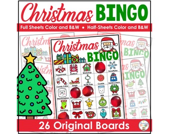 Christmas Bingo Printable Game with 26 original bingo cards, Christmas Classroom Activity, Kids or Adults Christmas Party Game