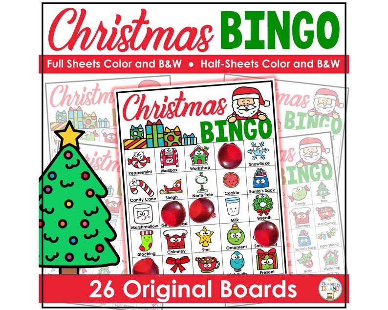 Christmas Bingo Printable Game with 26 original bingo cards, Christmas Classroom Activity, Kids or Adults Christmas Party Game image 1