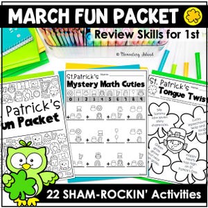 May include: A collection of St. Patrick's Day themed worksheets for 1st grade students. The worksheets include math problems, tongue twisters, and fun activities. The title "March Fun Packet" is displayed at the top, with the text "22 SHAM-ROCKIN' Activities" at the bottom.