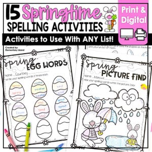 May include: A printable educational resource with the title "15 Springtime Spelling Activities." The image features two worksheets with spring-themed illustrations, including eggs and a bunny with an umbrella. The worksheets are designed for spelling practice.