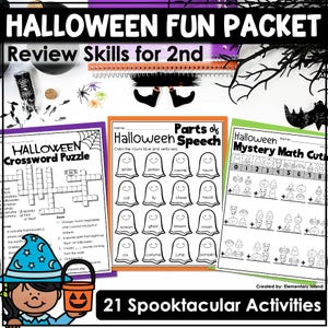 Op de afbeelding: Een Halloween Fun Packet educatief pakket met drie werkbladen voor leerlingen van groep 4. De pagina's bevatten een Halloween-kruiswoordraadsel, een taalkundige activiteit met spookillustraties en een Halloween Mystery Math Cutie werkblad.