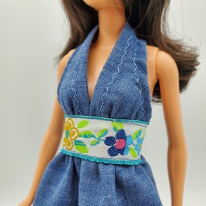1970s Style Doll Dress, handmade 11.5 inch fashion doll clothes, retro mod style doll clothes, doll sundress halter dress image 3