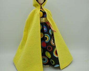 Hooded Doll Cape, handmade 11.5 inch fashion doll clothes, retro mod style doll clothes, yellow doll cloak