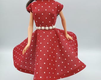 Handmade 1950s Style Doll Dress, Red Polka Dot, Fits 11.5 inch Fashion Doll