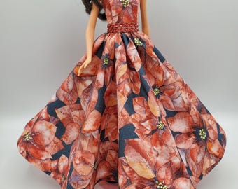 Handmade Christmas doll gown: fits 11.5" fashion dolls, poinsettia print, faux rhinestone belt