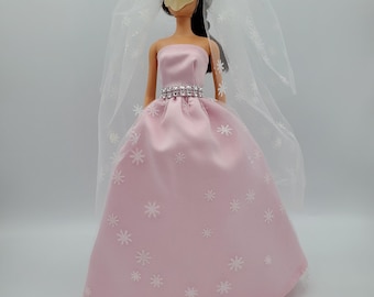 Handmade Doll Wedding Dress: Pink Satin Gown, Tulle Veil, 11.5 inch Fashion Doll