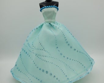 Ball Gown Doll Dress, handmade 11.5 inch fashion doll clothes, retro mod style doll clothes, turquoise doll evening gown