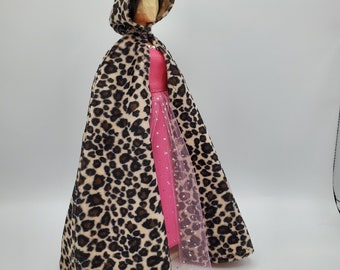 Hooded Doll Cape, handmade 11.5 inch fashion doll clothes, retro mod style doll clothes, animal print cape, fur doll cloak