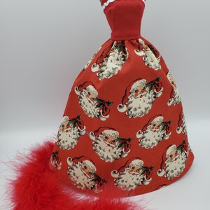 Handmade Christmas Doll Dress: Retro Santa Print Gown with Feather Boa