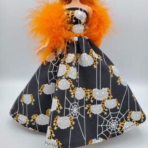 Halloween Doll Gown and Feather Boa, handmade 11.5 inch fashion doll clothes, 1/6 scale, retro mod style doll clothes, Halloween doll dress
