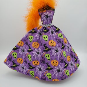Handmade Halloween Doll Gown: Skulls, Pumpkins, Feather Boa