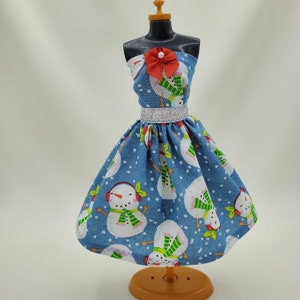 Handmade Christmas Doll Dress: Snowman Print, Silver Belt, Red Bow