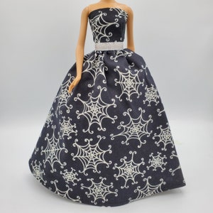 Handmade Halloween Doll Ball Gown: Spiderweb Dress with Silver Belt