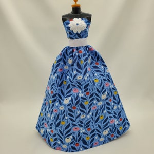 Handmade Ball Gown Doll Dress: Blue Floral 11.5 inch Doll Clothes