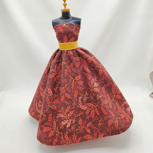 Handmade Christmas Doll Ball Gown: Burgundy Holly Print, Gold Belt