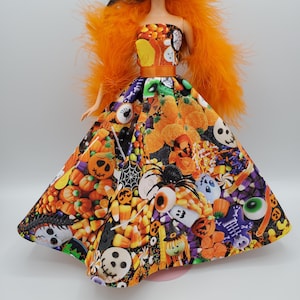 Halloween Ball Gown Doll Dress and Feather Boa, handmade 11.5 inch fashion doll clothes, 1/6 scale, retro mod style doll clothes