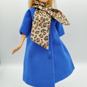 Handmade 1960s Mod Doll Coat: Blue Flannel, Animal Print Scarf