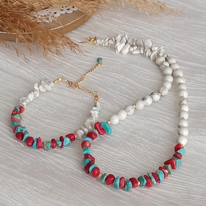 Natural White Howlite, Turquoise & Red Coral Necklace Bracelet Set – Tribal Boho Jewelry, Mineral Stones, Handmade, Unique Gift